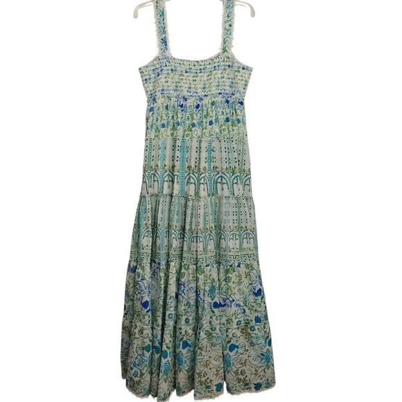 Rococo Sand Elan Maxi Dress Size Large Blue Green Smocked Summer Boho Beach - Picture 7 of 10